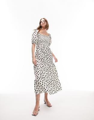 Topshop shirred midi dress in mono spot-Multi