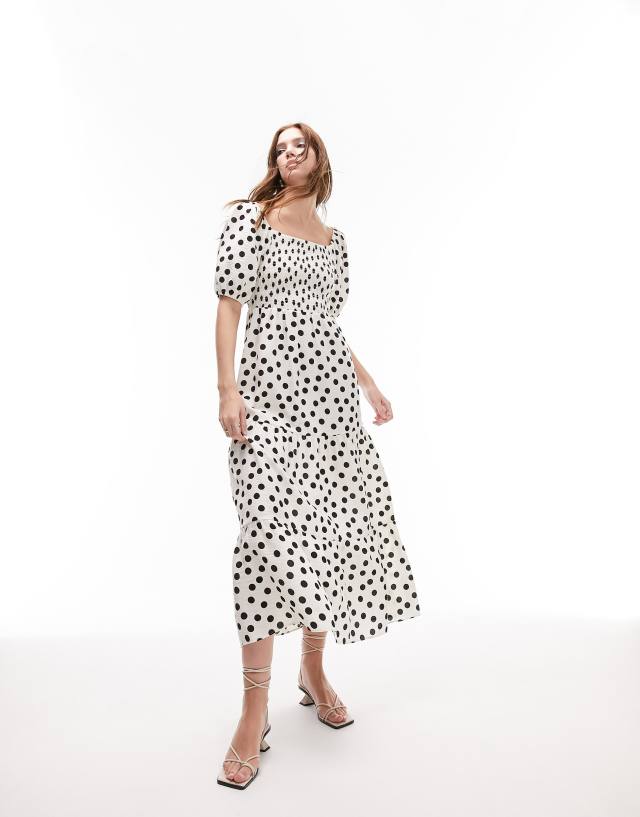 Topshop - shirred midi dress in mono spot