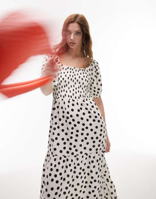 Topshop shirred midi dress in mono spot