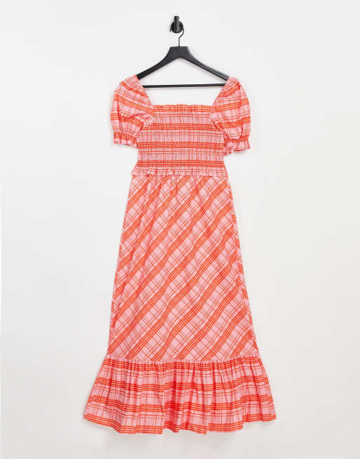 Topshop shirred midi dress in red check