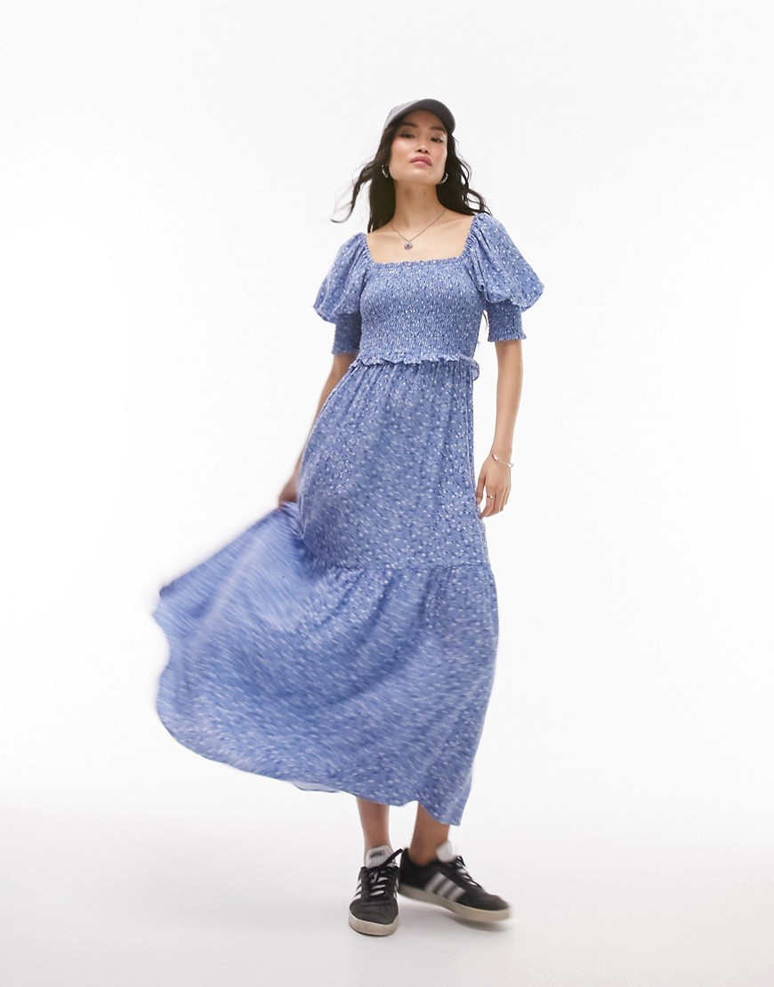 Topshop shirred midi dress with short sleeves in blue floral-Multi