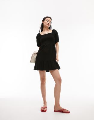 Topshop Shirred Mini Dress In Black