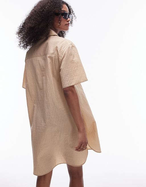 Topshop shirred mini shirt dress with contrast top stitch in tan 