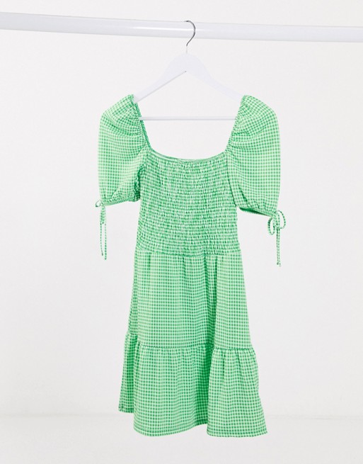 Topshop shirred mini tea dress in green gingham