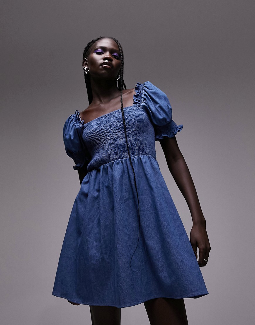 Topshop shirred mini tea dress with puff sleeve in chambray indigo-Blue