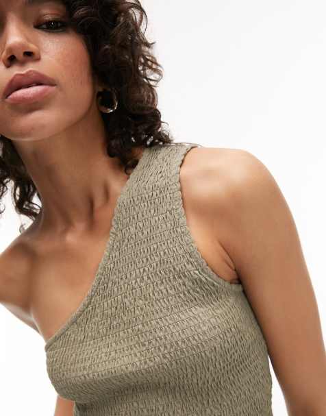 Topshop shirred one-shoulder top in sage - view 1