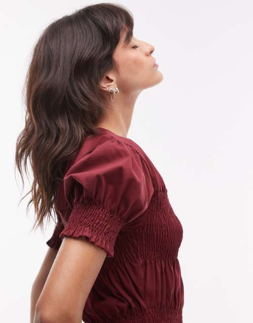 Topshop shirred panel tee in burgundy