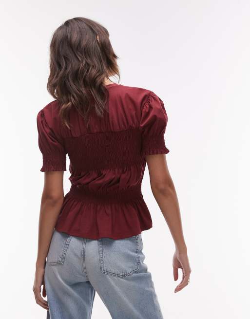 Topshop shirred panel tee in burgundy