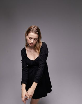 Topshop shirred panelled flippy long sleeve mini dress in black - ASOS Price Checker