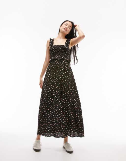 Topshop shirred pinafore midi dress in black and red rose