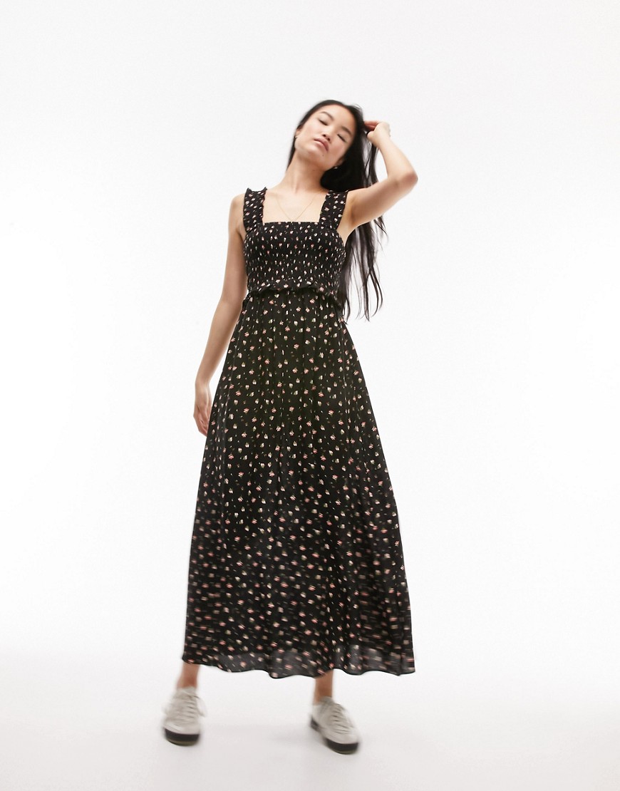 Topshop shirred pinny midi dress in black and red rose-Multi
