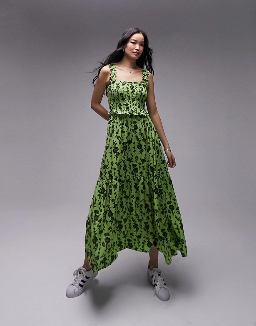 Topshop shirred pinny midi dress in green and black floral-Multi