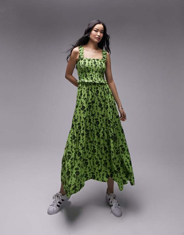 Topshop - shirred pinny midi dress in green and black floral