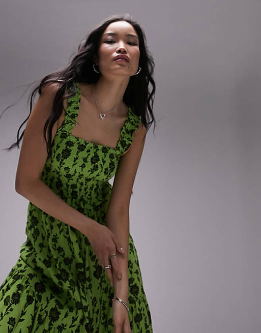 Topshop shirred pinny midi dress in green and black floral | ASOS