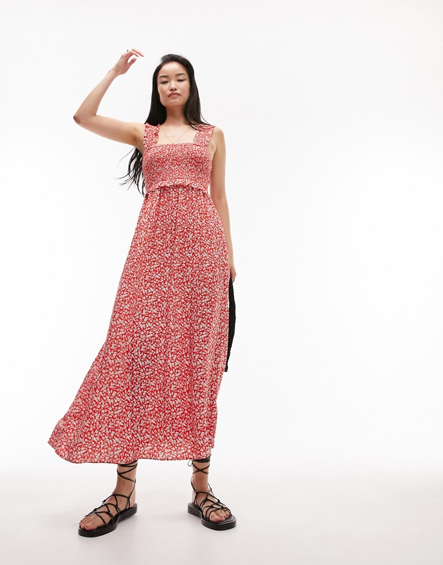 Topshop shirred pinny midi dress in red floral-Multi