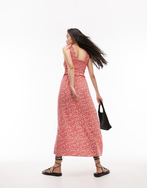 Topshop shirred pinny midi dress in red floral ASOS