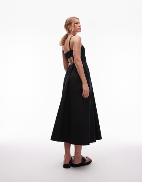 Topshop shirred poplin midi dress in black - view 1