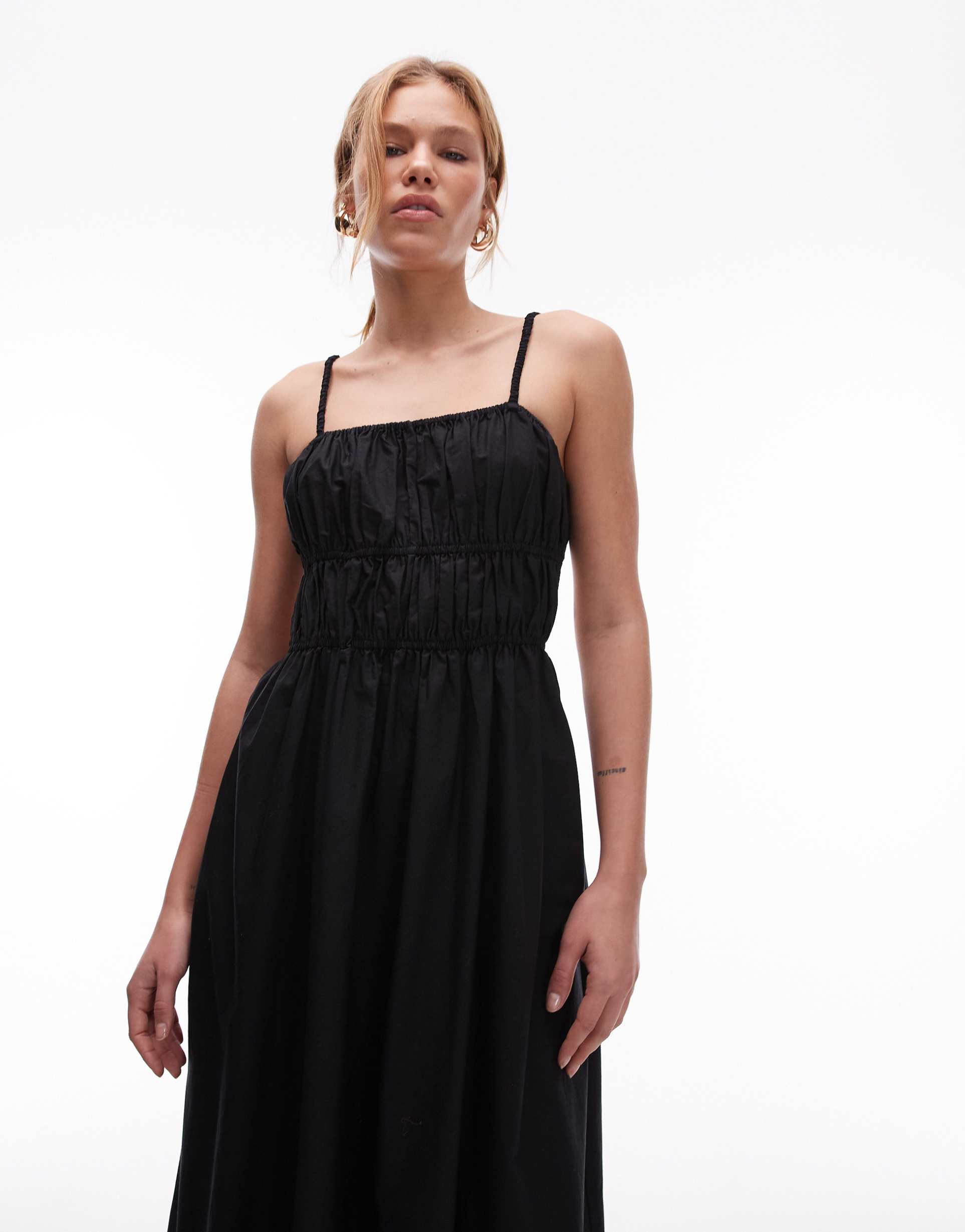 topshop shirred poplin midi dress in black