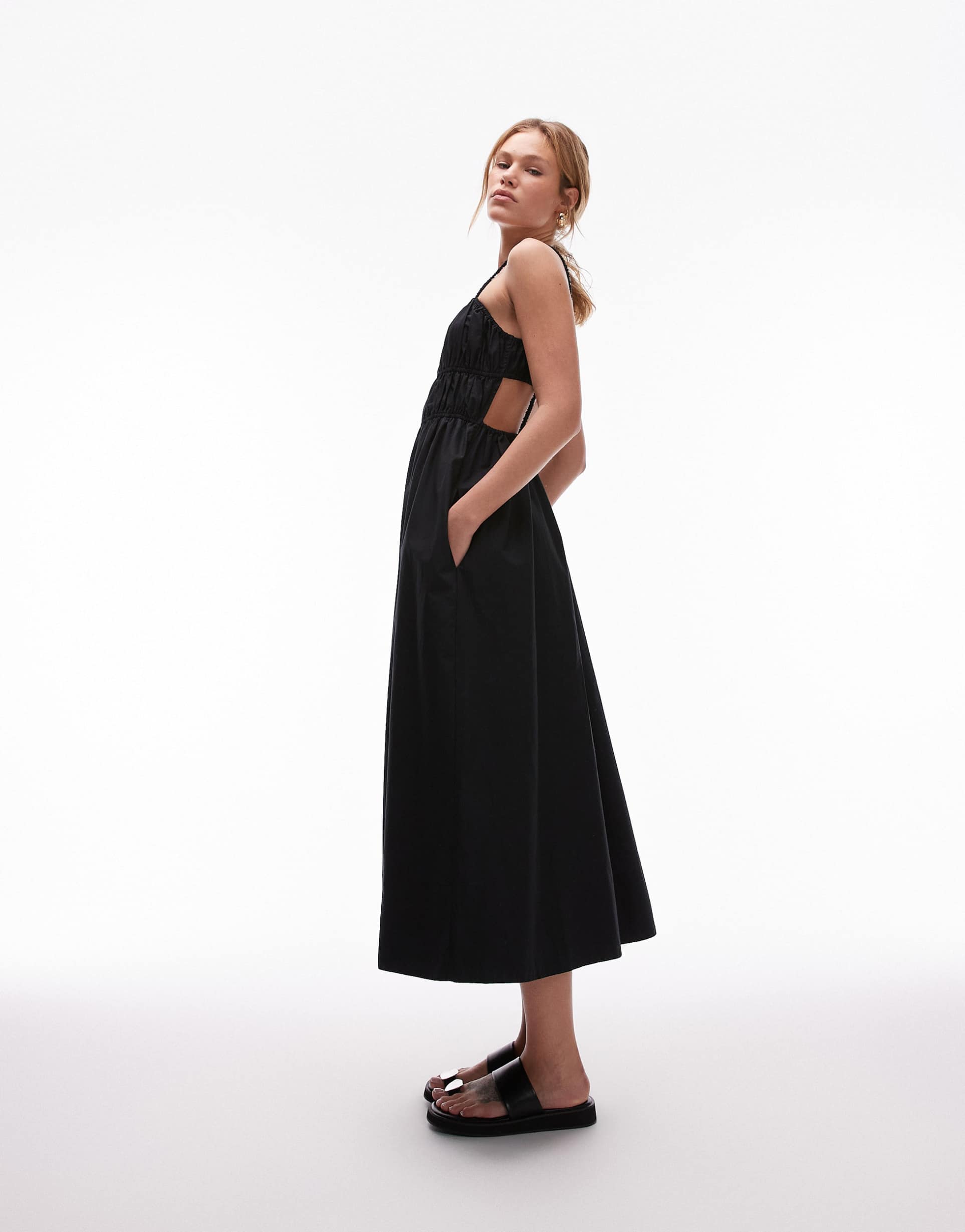 topshop shirred poplin midi dress in black