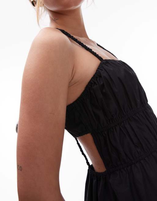 Topshop shirred poplin midi dress in black, 4 of 4