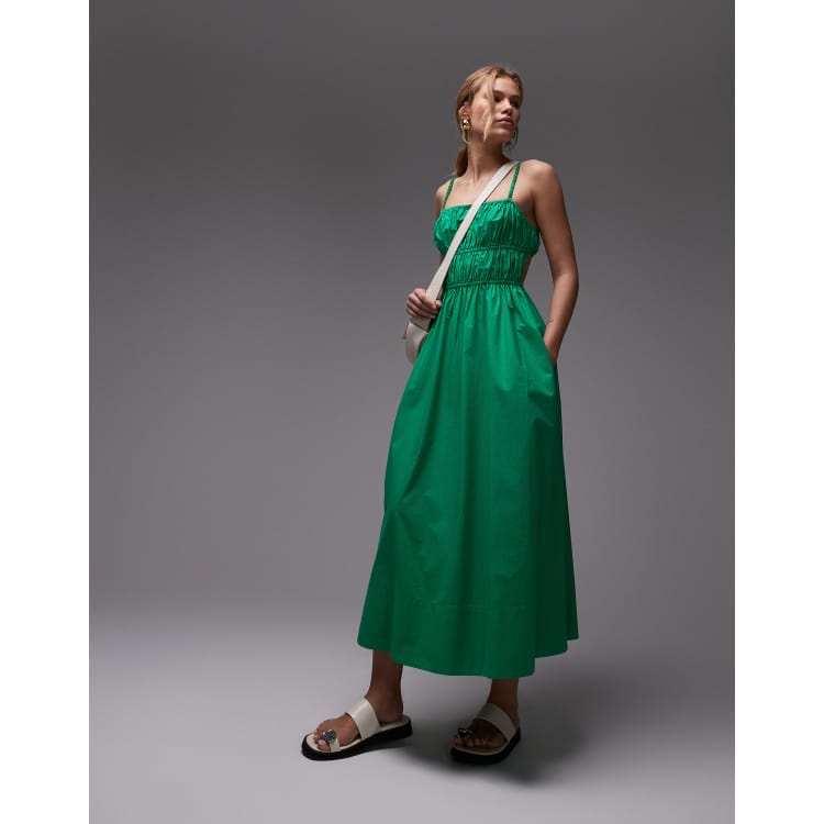 Topshop shirred poplin midi dress in green | ASOS