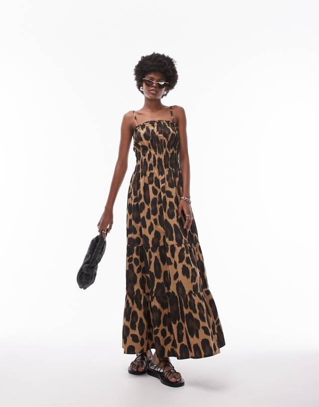 Topshop - shirred poplin midi dress in leopard print