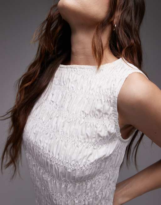 Topshop shirred poplin mini dress in white, 3 of 4