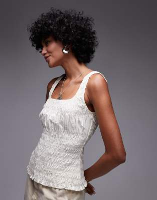 Topshop Shirred Poplin Sleeveless Top In White