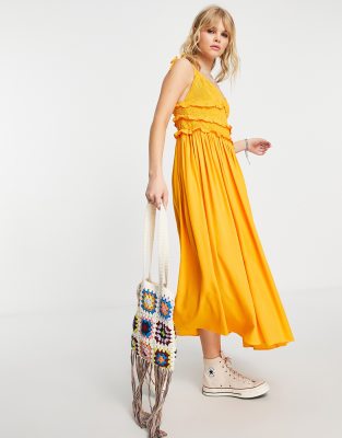 Topshop Shirred Ruffle Midi Dress In Ochre-white