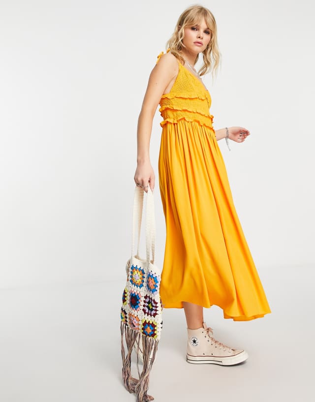 Topshop shirred ruffle midi dress in ochre