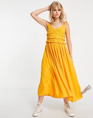 shirred ruffle midi dress