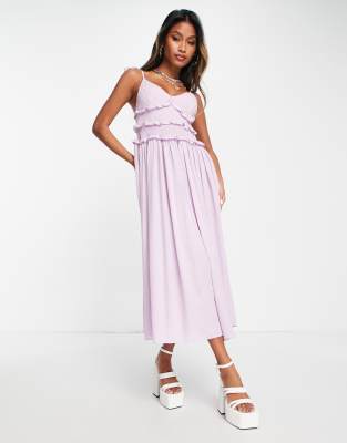 Shop Topshop Shirred Ruffle Slip Midi Dress In Lilac-pink