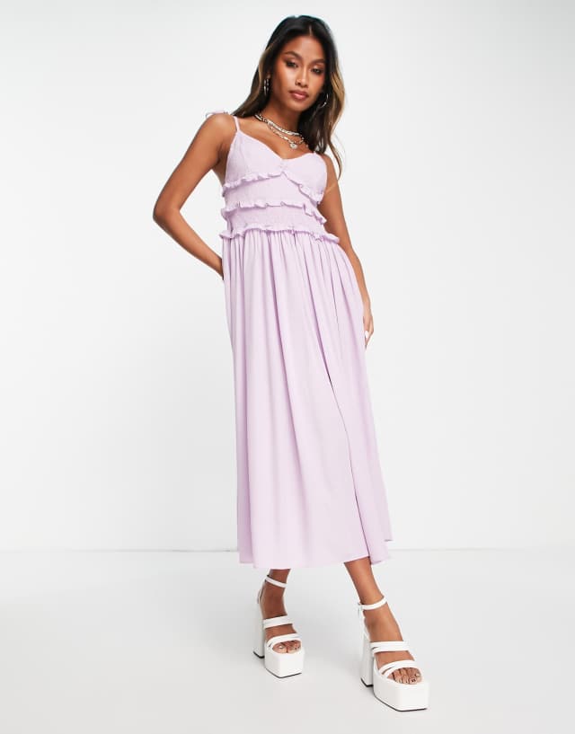 Topshop shirred ruffle slip midi dress in lilac