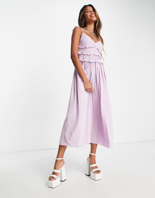 Topshop shirred ruffle slip midi dress in lilac