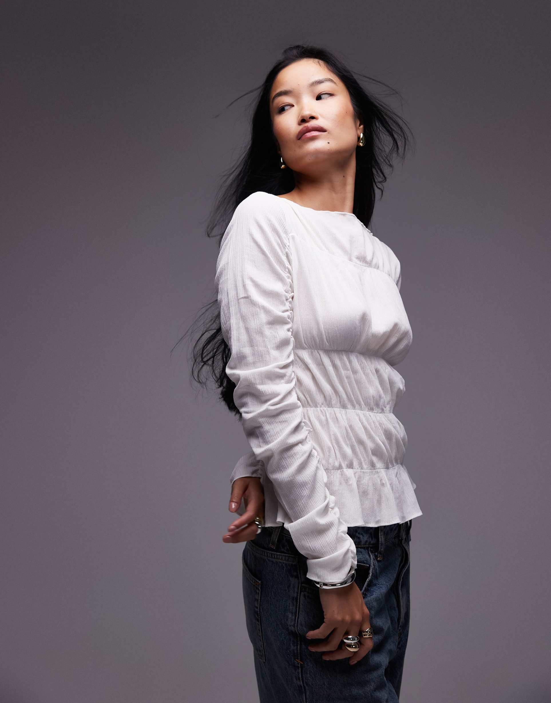 topshop shirred slash neck top in ivory