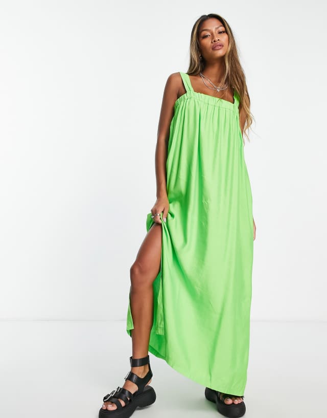 Topshop shirred square neck linen midi dress in green