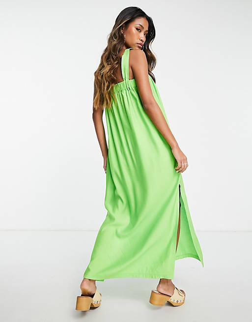 Topshop shirred square neck linen midi dress in green | ASOS