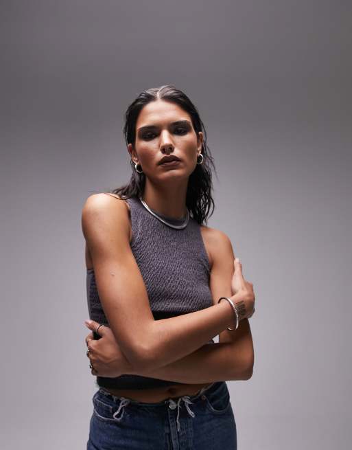 Topshop shirred tank top in charcoal