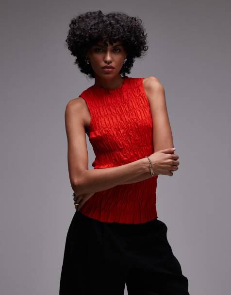 Topshop shirred tank top in red - view 1