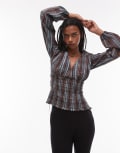 [Topshop] Topshop shirred top in blue & yellow check-Multi 8 Blue & Yellow