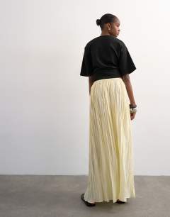Model wearing Shirred waist crinkle full circle skirt in natural