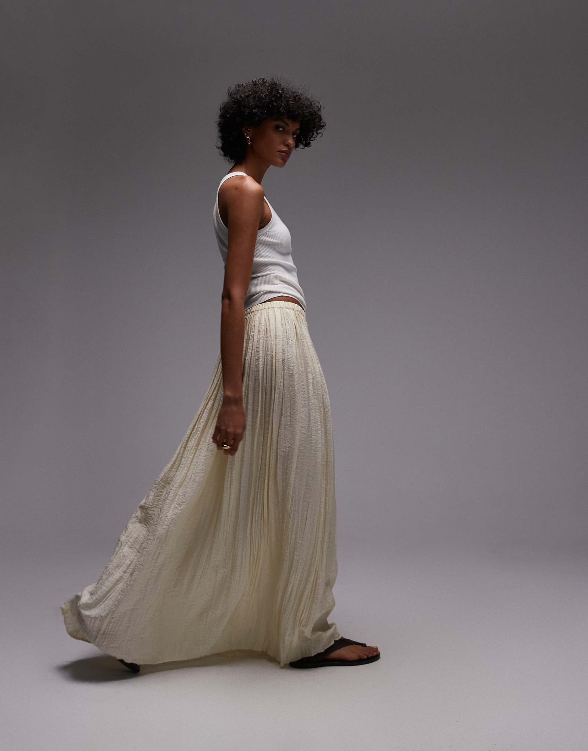 topshop shirred waist crinkle full skirt in natural