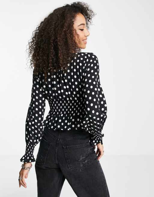 Topshop shirred waist polka dot blouse in monochrome