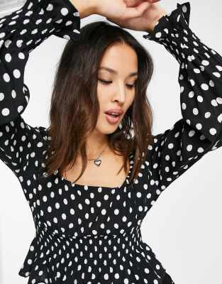 Topshop shirred waist polka dot blouse in monochrome  - ASOS Price Checker