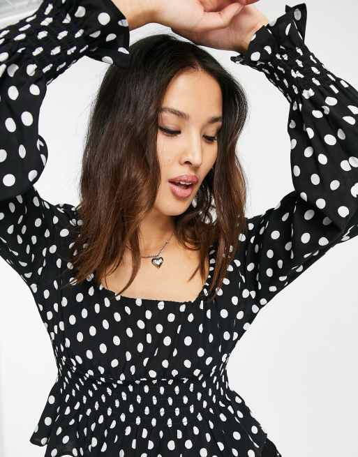 Topshop shirred waist polka dot blouse in monochrome