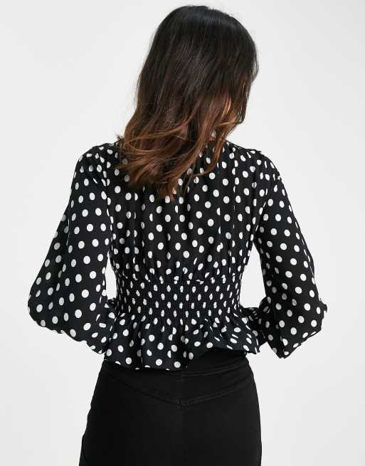 Topshop shirred waist polka dot blouse in monochrome