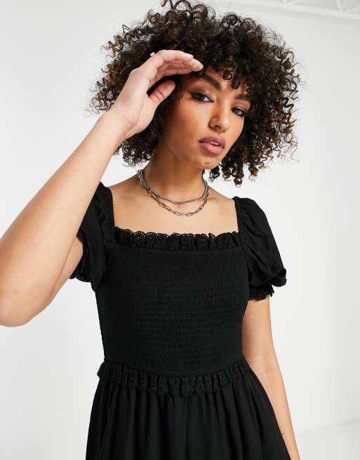 Topshop shirring broderie trim mini dress in black BLACK