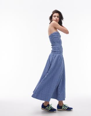 Topshop shirring check bandeau maxi dress in blue