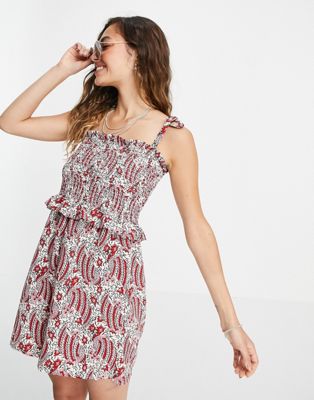 Topshop shirring playsuit in red paisley