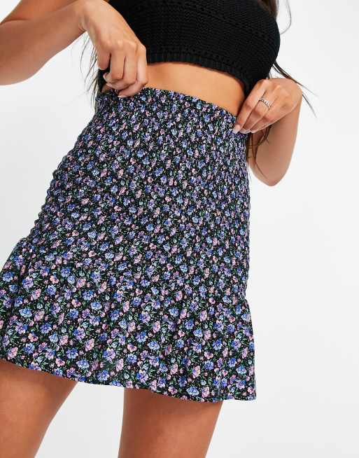 Topshop shirrred floral mini skirt in purple